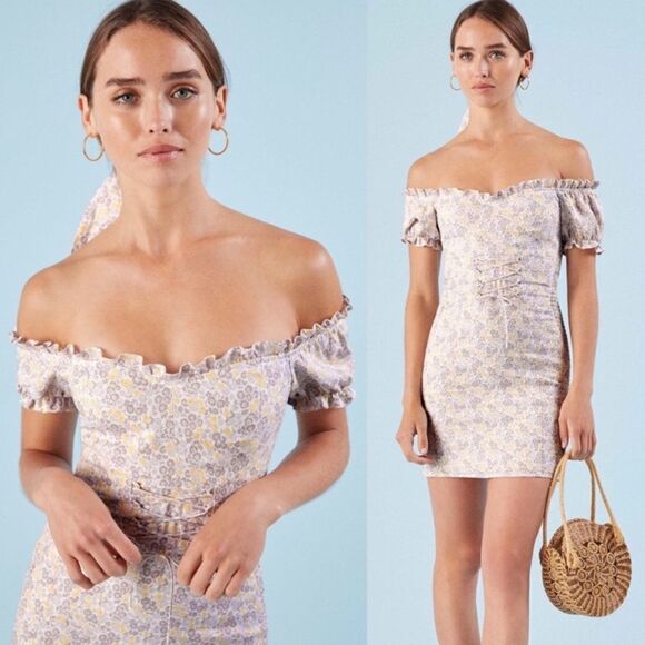 Reformation Miami Mini Cream Purple Dress Floral Shoulder Off Size 2 - Picture 1 of 11